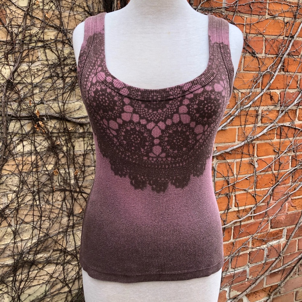 Brown Lace Print Rib Cotton Tank Upcycled EMBODY